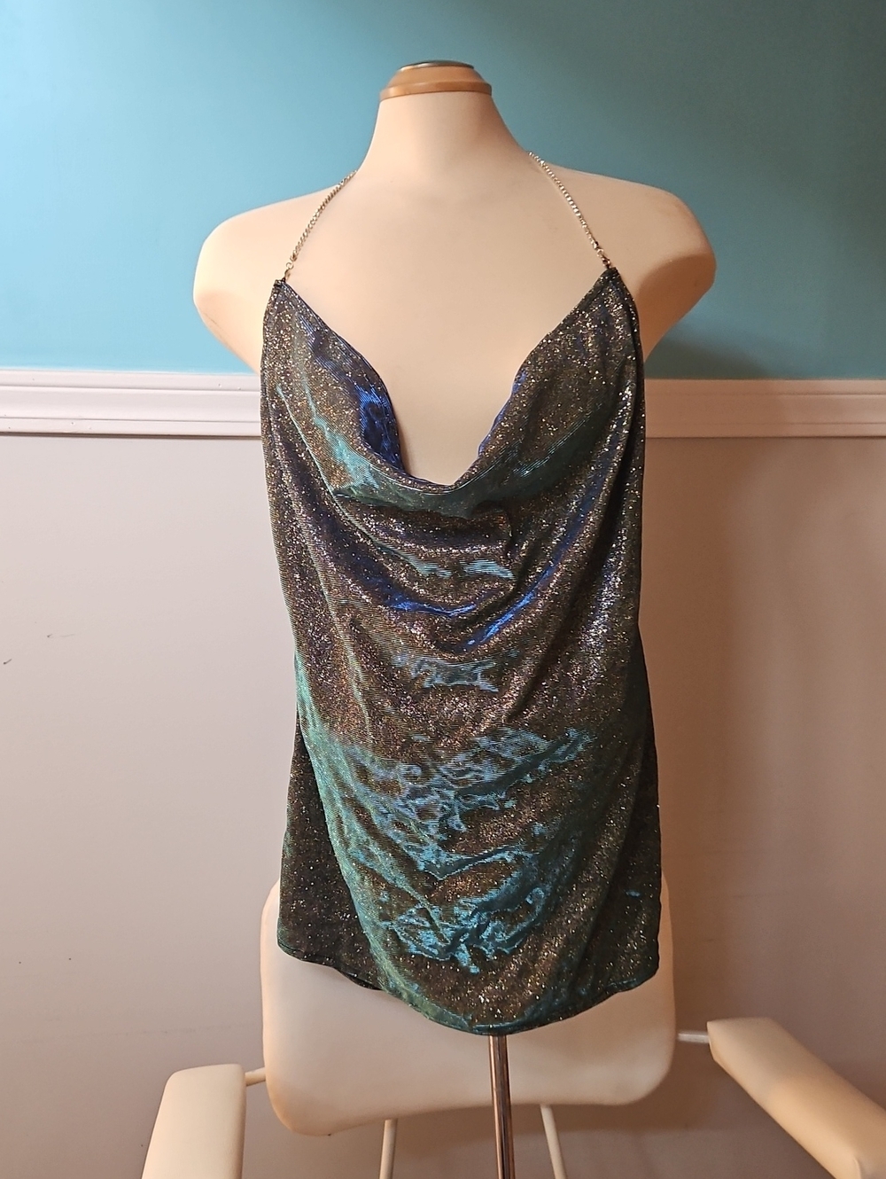 Dance Club Glittered Cowl Neck Chain-Strap Tank Mini Dress - Blue Green-Gold L
